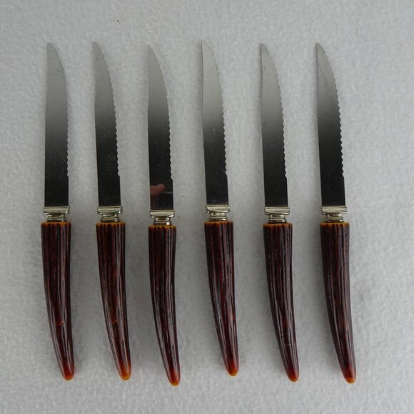 6 REGENT SHEFFIELD Steak Knives Stainless Blade Faux Antler Handle Original Box - Picture 8 of 14